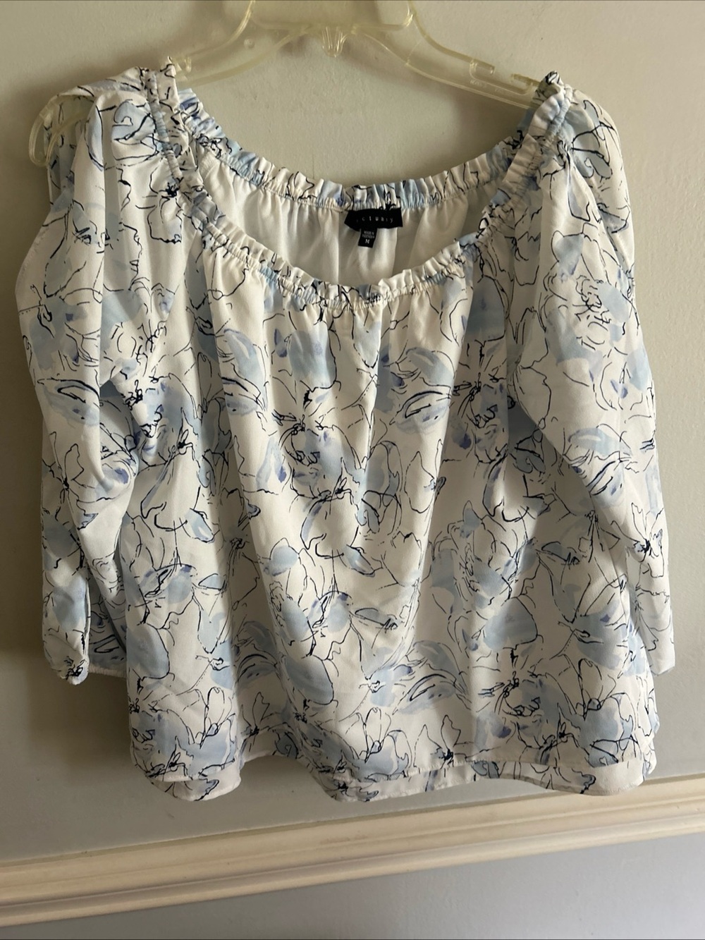 Sanctuary White Off-Shoulder Blouse with Light Blue Floral Print